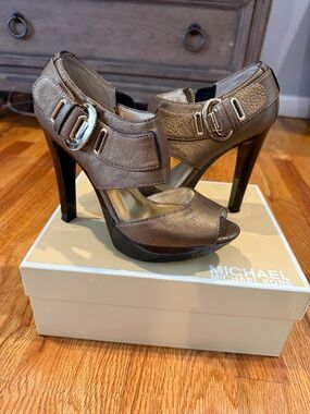 Michael Kors Bronze Peep-Toe Platform Heels with Buckle Straps